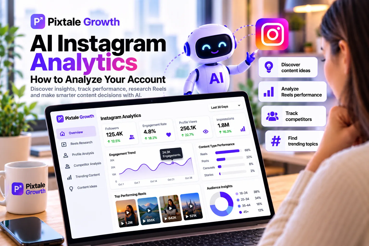 Pixtale Growth AI Instagram Analytics dashboard showing Reel performance, engagement metrics, competitor analysis, and trending content insights.