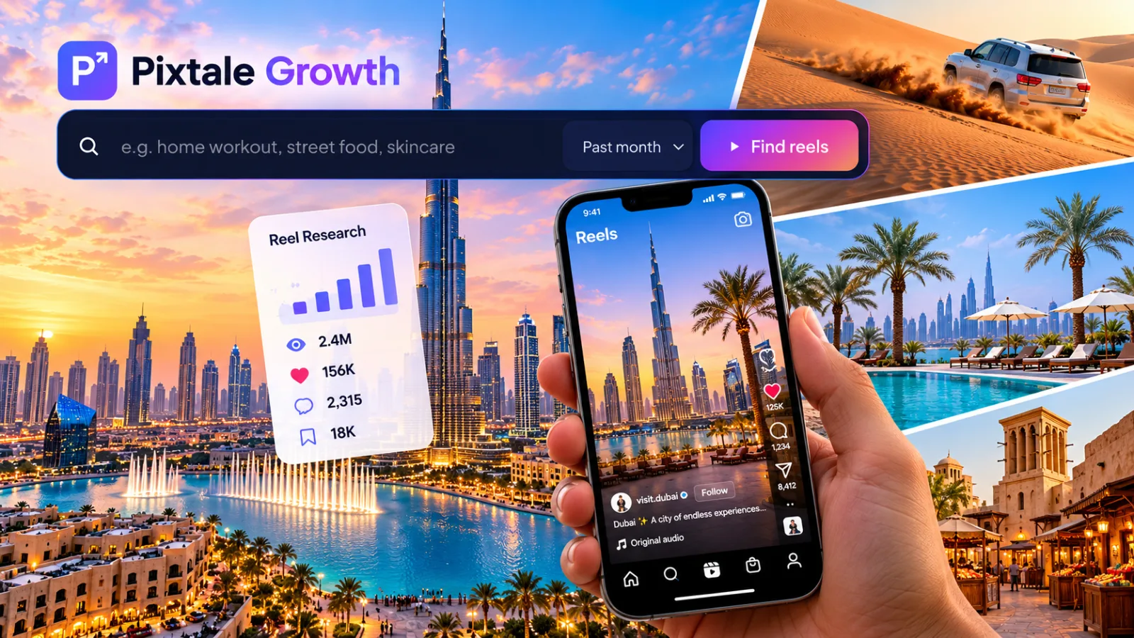 Pixtale Growth Reel Discover search interface for Dubai tourism Instagram Reels research