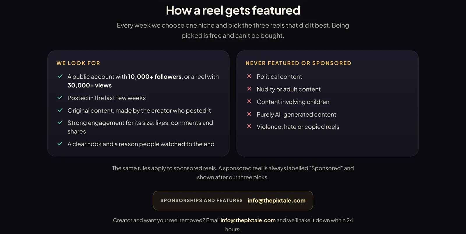 The rules for how a reel gets featured on Pixtale