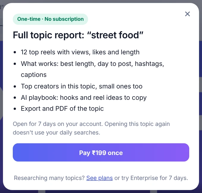 The payment dialog for the Reel Research topic report